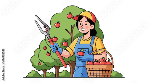 Harvesting Apples: A diligent worker is cheerfully picking apples on a sunny day using a specialized tool to harvest the fruit with ease. The scene is vibrant, with ripe apples.