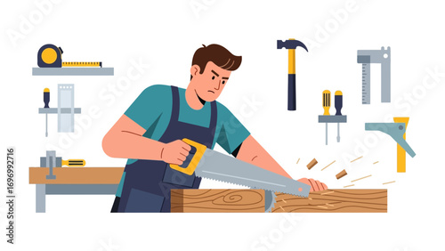 Carpenter in Action: A skilled carpenter meticulously cuts through a wooden plank with a handsaw, surrounded by his tools and workspace.