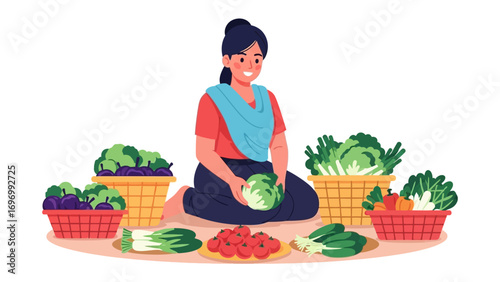 Fresh Harvest Selection: A vibrant image of a woman selecting the fresh harvest from a basket, embodying the essence of healthy eating.
