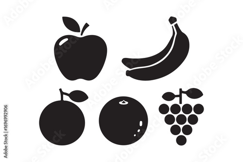 Simple black silhouettes of assorted fruits on a white background