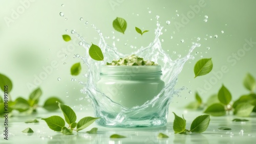 Green cream jar with splashing water and leaves for natural skincare.