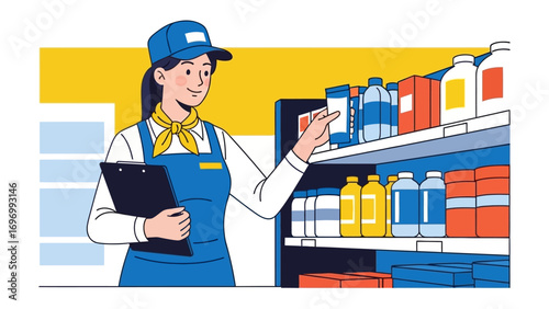Supermarket Stock Check: An illustration of a grocery store employee meticulously organizing items, reflecting the dedication of essential services personnel.