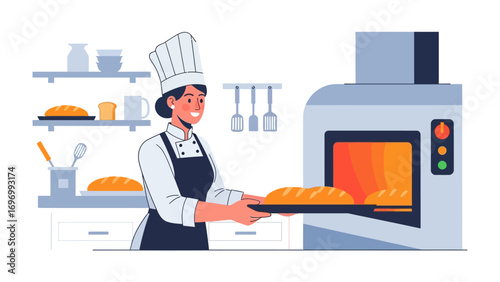Artisan Baker at Work: A skilled baker in traditional attire carefully removes freshly baked loaves from a commercial oven, showcasing the art of bread-making in a modern kitchen.