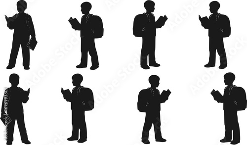 set of Silhouette of Boy Standing with Backpack and Holding Book – Student Education Vector Illustration