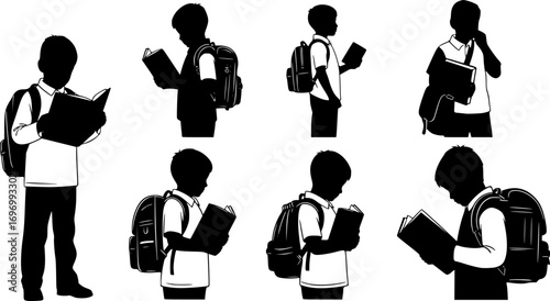 set of Silhouette of Boy Standing with Backpack and Holding Book – Student Education Vector Illustration