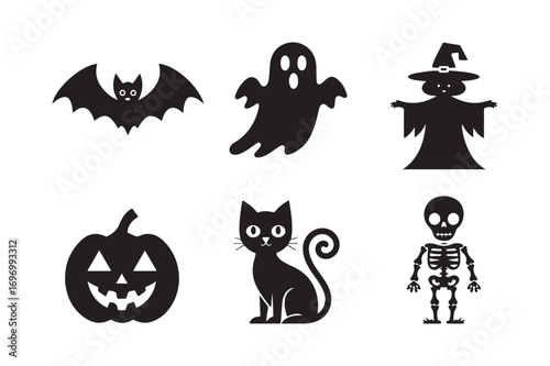 Six spooky halloween icons including bat ghost scarecrow pumpkin cat and skeleton