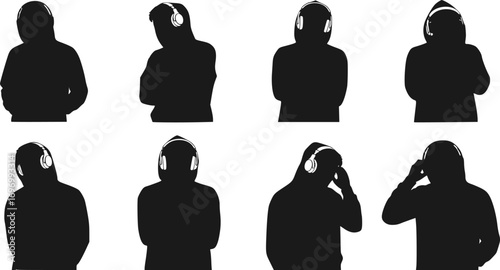 Silhouette of Young Man Wearing Headphones and Hoodie Standing – Music and Streetwear Vector Illustration