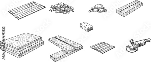 Black and white line drawing of construction materials including corrugated metal sheets, rocks, wooden planks, small brick, and an electric grinder