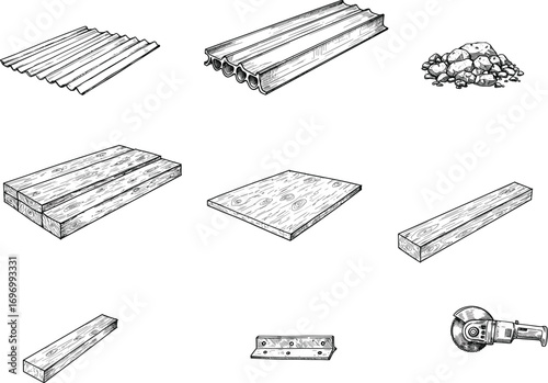 Black and white line drawing of construction materials including corrugated metal sheets, wooden planks, rock piles, metal bracket, and angle grinder