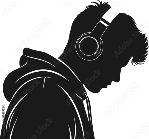Silhouette of Young Man Wearing Headphones and Hoodie Standing – Music and Streetwear Vector Illustration