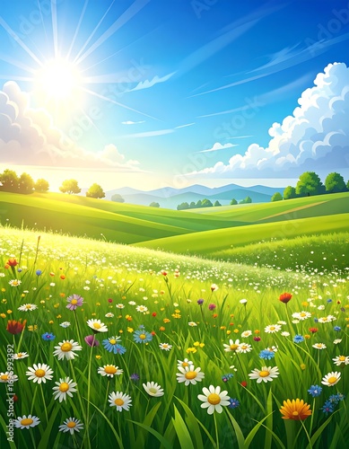Sunny meadow landscape with wildflowers