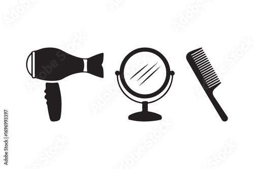 Black silhouette of hair styling tools and mirror