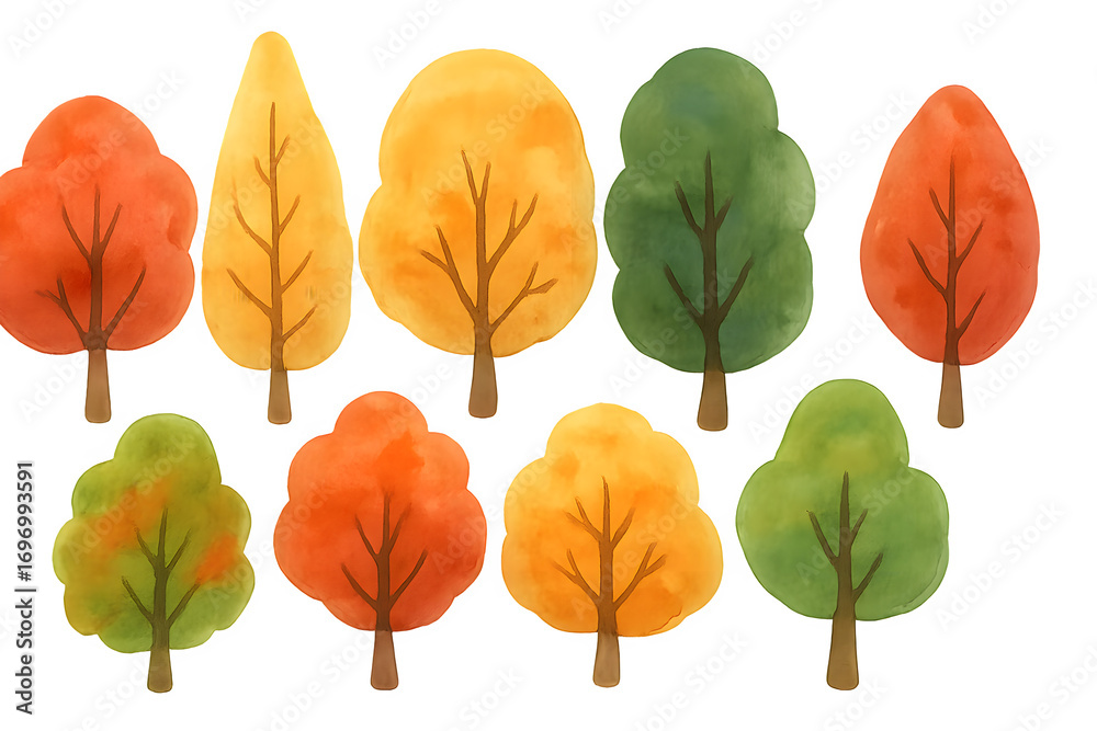 Obraz premium Whimsical autumn forest cartoon illustration with red, green, and orange trees perfect for decorative seasonal and creative artwork