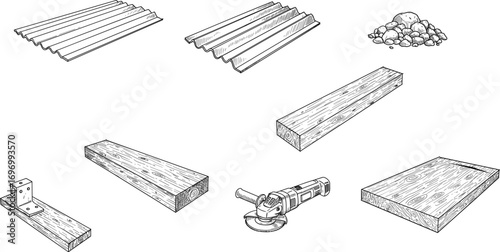 Black and white line drawings of construction materials including wood planks, metal sheets, rocks, and a handheld grinder tool