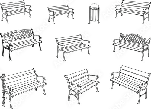 Black and white sketches of various outdoor benches with different designs and a metal trash can for parks and public spaces