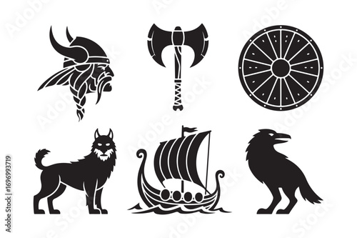 Viking symbols including warrior helmet axe shield ship dog and raven