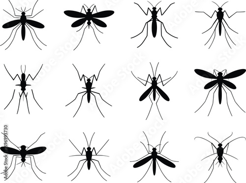 Collection of black mosquito silhouette vector icons, flying insect illustration set, dangerous pest design for disease, malaria, dengue, health, and nature themes