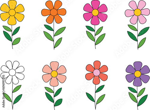 Collection of colorful flower illustrations, vector design of simple floral icons with petals and leaves, decorative spring and summer nature elements for artwork