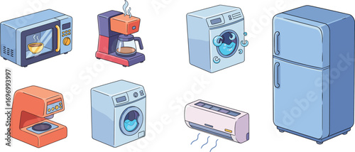 Cartoon home appliances collection including blue microwave, red coffee maker, washing machines with bubbles, air conditioner, and blue fridge on white background