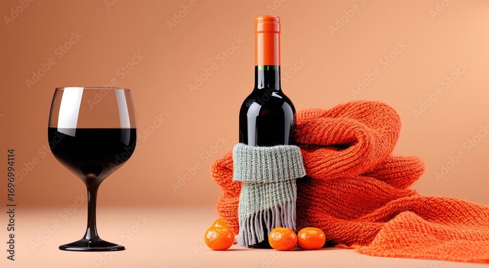 Naklejka premium A bottle of red wine and a glass with an orange knitted scarf and tangerines on a light, solid-color background. A poster evoking autumn, warmth, and comfort.