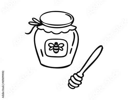 Honey jar with dipper and bee line art outline, monochrome hand drawn.
