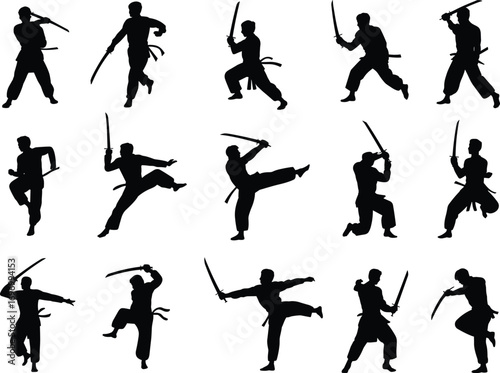 Collection of martial arts samurai warrior silhouettes practicing sword fighting, karate poses, ninja training moves, traditional combat stances, Japanese katana action vector illustration set