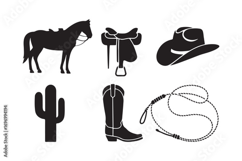 Western cowboy silhouette icons horse saddle hat cactus boot lasso