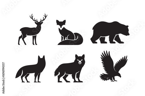 Silhouettes of north american wildlife animals in a grid layout