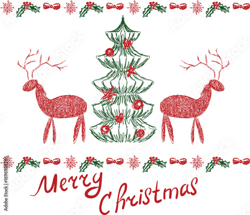New Year Christmas card with reindeer and Christmas tree