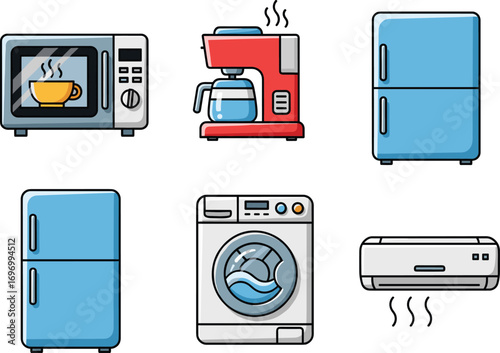 Clean and simple cartoon illustration of home appliances including microwave, coffee maker, refrigerators, washing machine, and air conditioner in blue and red colors