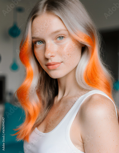 Beautiful Woman With Orange Hair Highlights in Bright Indoor Setting
