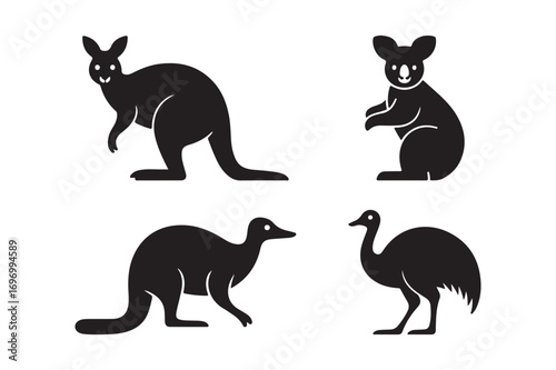 Black silhouettes of australian animals kangaroo emu koala