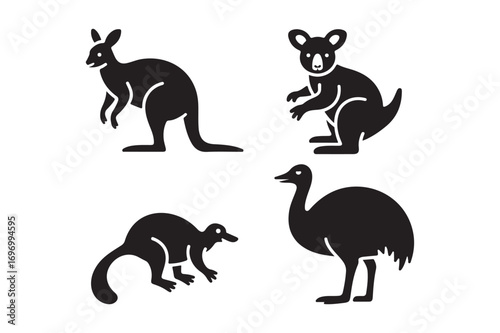Set of australian animal silhouettes kangaroo koala emu and quokka