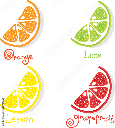 set of citrus lemon, lime, orange, grapefruitt. Vector illustration for greeting card, poster, or print on clothes.