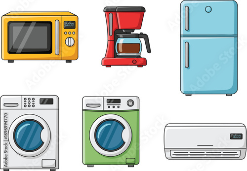 Colorful vector illustration set of home appliances including microwave, coffee machine, fridge, washing machine, and air conditioner for kitchen and home use