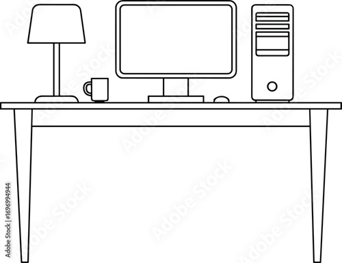 Minimal line art illustration of office desk with computer, desktop monitor, lamp, coffee cup, keyboard, and mouse, modern workplace vector design