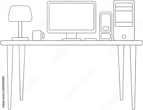 Minimalist office desk illustration with desktop computer, lamp, coffee cup, monitor, CPU tower, clean workspace design, technology, workplace vector, black outline style