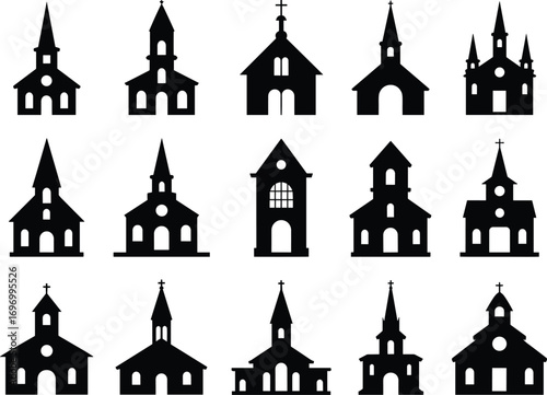 Set of church silhouette vector illustrations, Christian building icons, religious architecture designs, cathedral shapes, chapel symbols, worship place collection for faith, religion, spirituality