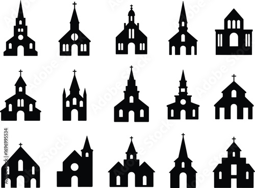 Set of church silhouette vector illustrations, religious architecture icons, Christian worship building symbols, cathedral design, chapel shape collection, faith, spirituality, religion