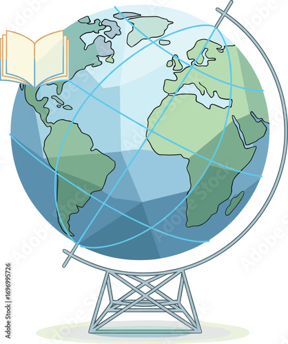 Vector illustration of a globe with an open book symbolizing global education, world knowledge, international learning, geography, and academic exploration concept