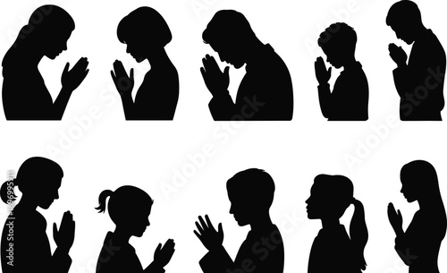 Silhouette collection of praying people, men women and children in worship, folded hands, Christian prayer poses, religious faith meditation vector illustration
