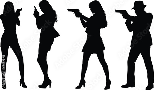 Silhouette collection of secret agent characters with guns, spy action poses, detective figures, female assassin shapes, armed man and woman illustration set vector