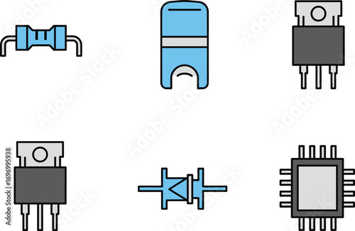 Vector illustration set of electronic components including resistor, capacitor, transistor, diode, IC chip, and power electronics for circuit design