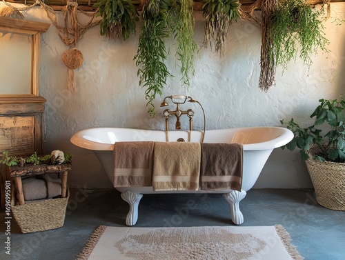 Relaxing boho bathroom with natural materials and plant decor.