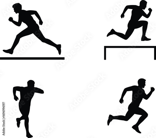 Silhouette illustration of athletes running, sprinting, and hurdling, sports vector icons for track and field, marathon, fitness, competition, training, athletics design