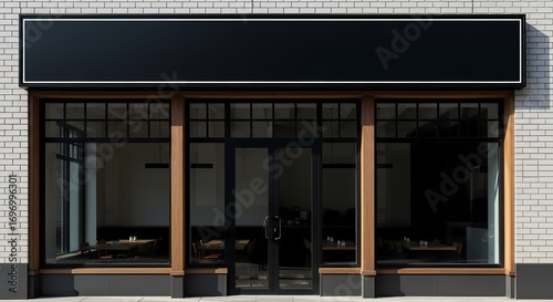 Front view of a modern brick storefront with a large blank black sign for mockup purposes.