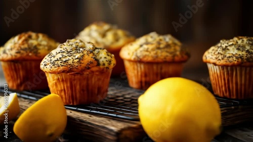 Delicious lemon poppy seed muffins baked to perfection in a cozy kitchen setting with fresh lemons nearby