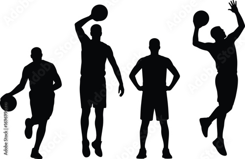 Silhouette illustration of basketball players dribbling, shooting, dunking, standing, playing sports, professional athletes, dynamic action poses, competitive game vector design collection