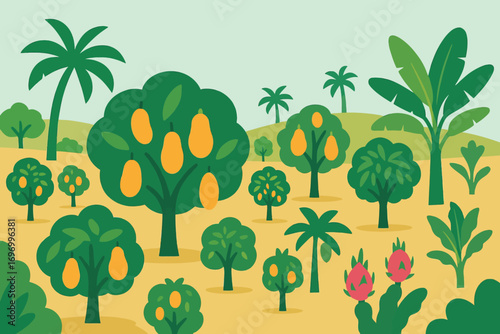 Vibrant illustration of a lush tropical orchard with diverse fruit trees and palm trees.