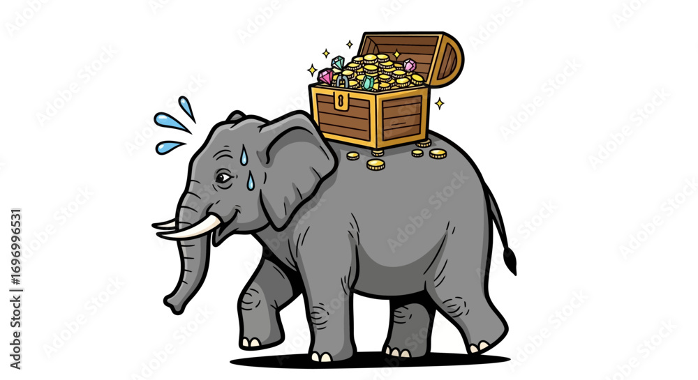 Fototapeta premium Cartoon Elephant Carrying Treasure Chest, Walking Forward.